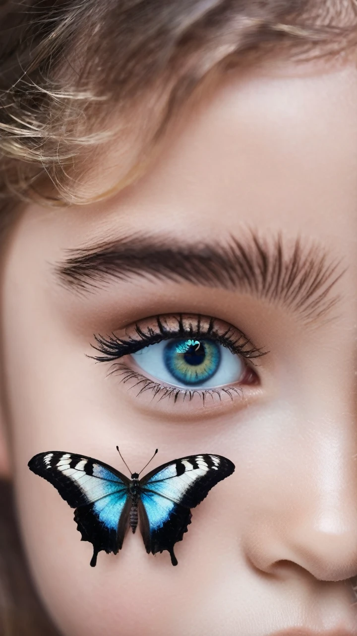 Close photo of girl's eyes with butterfly on it and black colour pupil