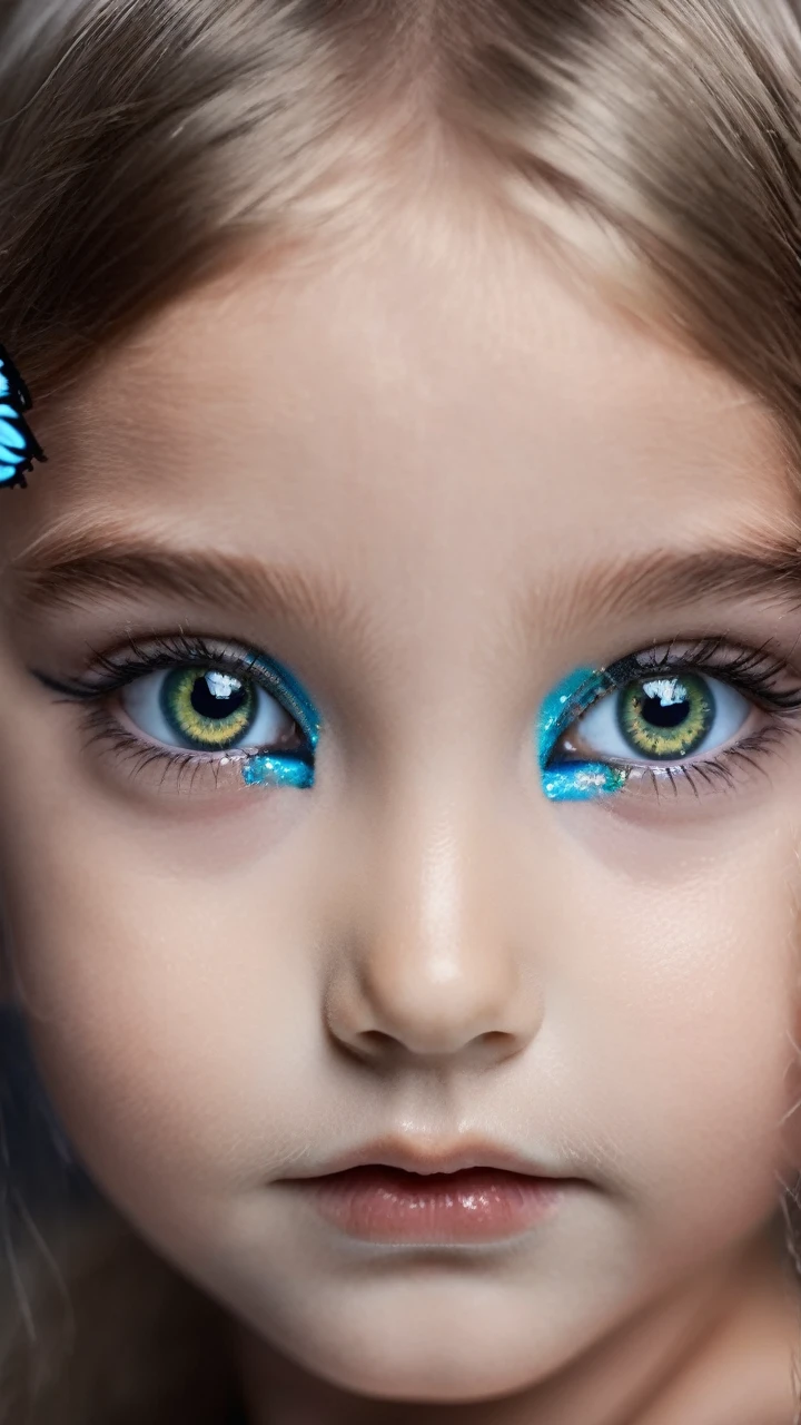 Close photo of girl's eyes with butterfly on it and black colour pupil