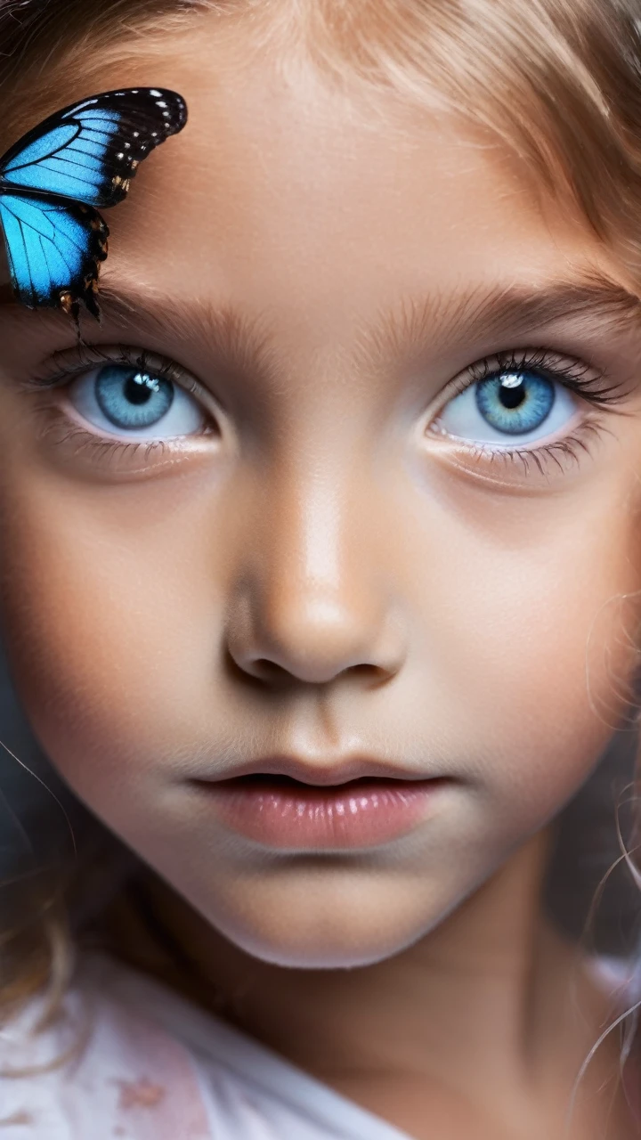 Close photo of girl's eyes with butterfly on it and black colour pupil