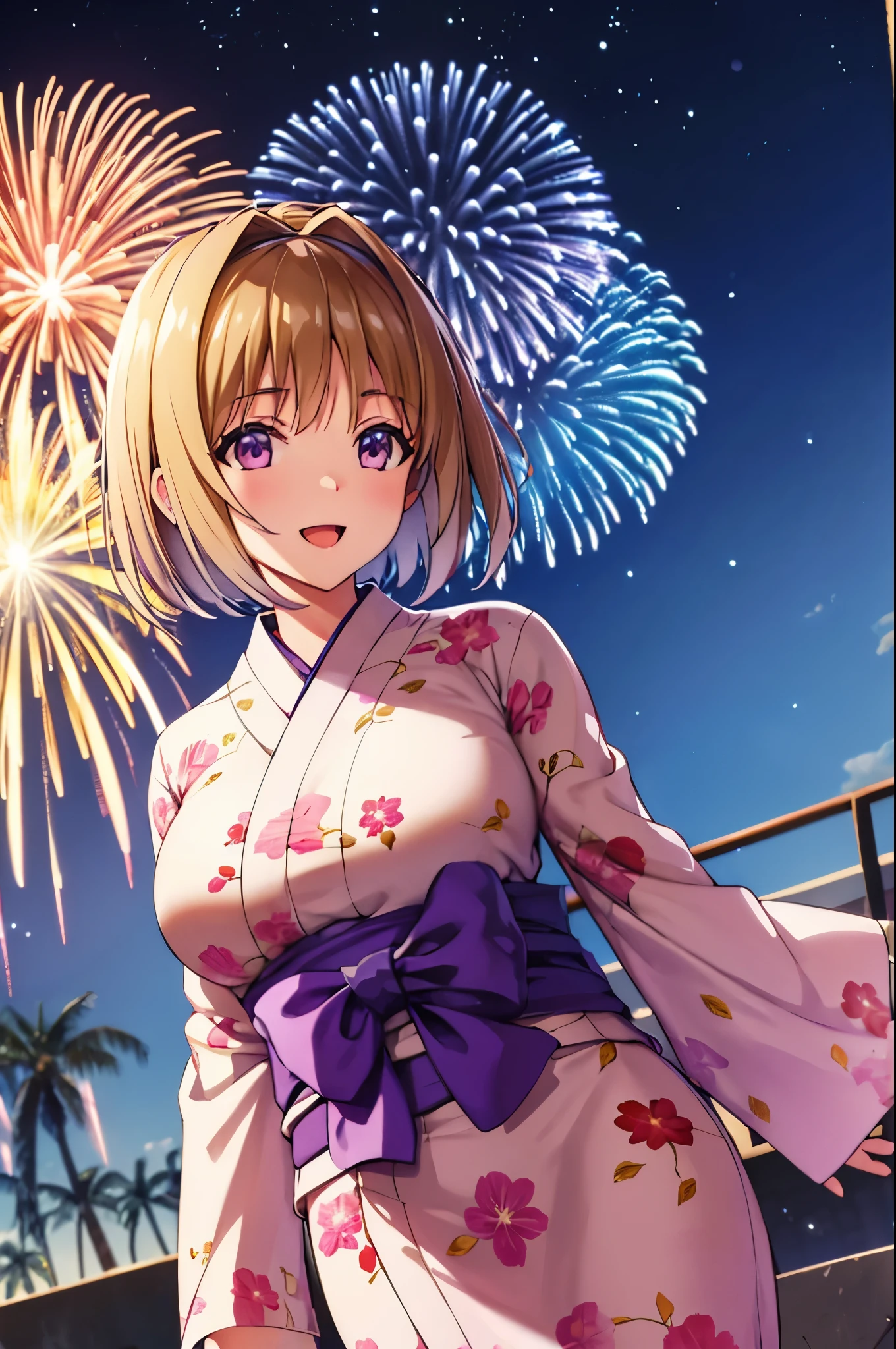 (masterpiece:1.3), (best quality:1.1), (8k, ultra detailed, ultra high res:1.3), ((anime style)), (perfect 5 fingers, perfect anatomy:1.1), 
1girl,
Kushida Kikyou, smile, open mouth, 
BREAK short hair, bronze hair, purple eyes, yukata, 
BREAK large breasts, looking at viewer, (cowboy shot:1.1), BREAK detail background, outdoor, outside, (floral pattern yukata:1.1), (late night:1.2), sky, (fireworks in night sky:1.2), (night sky:1.1), big fireworks, 