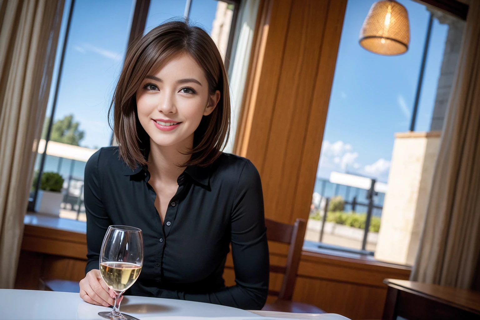 ((Highest quality、8K、masterpiece:1.3))、slimカップル、modelカップル、(Realistic, Intricate details:1.2), full-course dinner、Wine Party、Amazing view of the sunset sky and clouds、A bright smile、The wonderfulness of smile、Bright image、The beauty of wine, Beautiful Face, blue eyes, The light shines on your face, Blushing, short hair,Bright Face、42 years old), 39 years old, red wine 、Appetizers、Italian food、Wine bottle、Champagne、sparkling wine、Two beauties、Brown Hair、Shortcuts、Long sleeve shirt、dress、Beautiful woman 1, (slimな顔), (The body is slim), (Brown Hair), (Shortcuts), cheeks turn a little red,Attractive beauty、restaurant, In a prominent place (From the waist up) Nova Frog Style, actress, model, Upper Body, White wine, slim, wine glass, 中央に置かれたwine glass, smile, (smile: 1.15), Beautiful fine grain, Depth f/2,saturation, High Contrast, Strong light and shadow,Moist Body:1.5、3D texture、Delicate eyes、Brown Hair、The hair is very shiny、