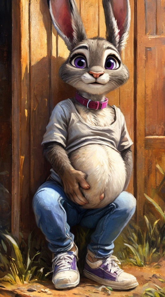 a beautiful and detailed portrait of a female bunny rabbit, judy hopps, masterpiece, kenket, oil painting,detailed face, blue jeans, gray and white fur, purple eyes, collar, white sneakers, full body, cute, hyper-pregnant 