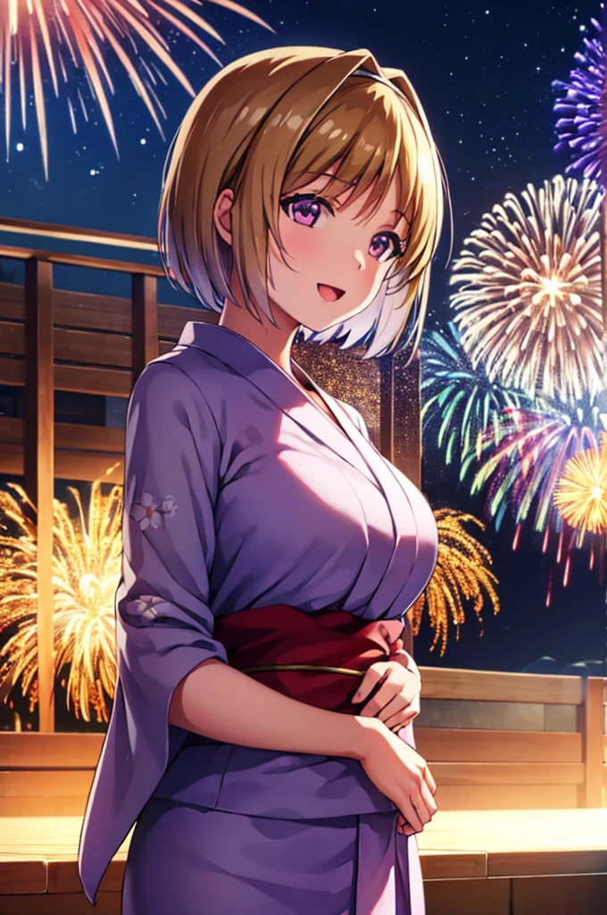 (masterpiece:1.3), (best quality:1.1), (8k, ultra detailed, ultra high res:1.3), ((anime style)), (perfect 5 fingers, perfect anatomy:1.1), 
1girl,
Kushida Kikyou, smile, open mouth, 
BREAK short hair, bronze hair, purple eyes, yukata, 
BREAK large breasts, looking at viewer, (cowboy shot:1.1), BREAK detail background, outdoor, outside, (floral pattern yukata:1.1), (late night:1.2), sky, (fireworks in night sky:1.2), (night sky:1.1), big fireworks, 