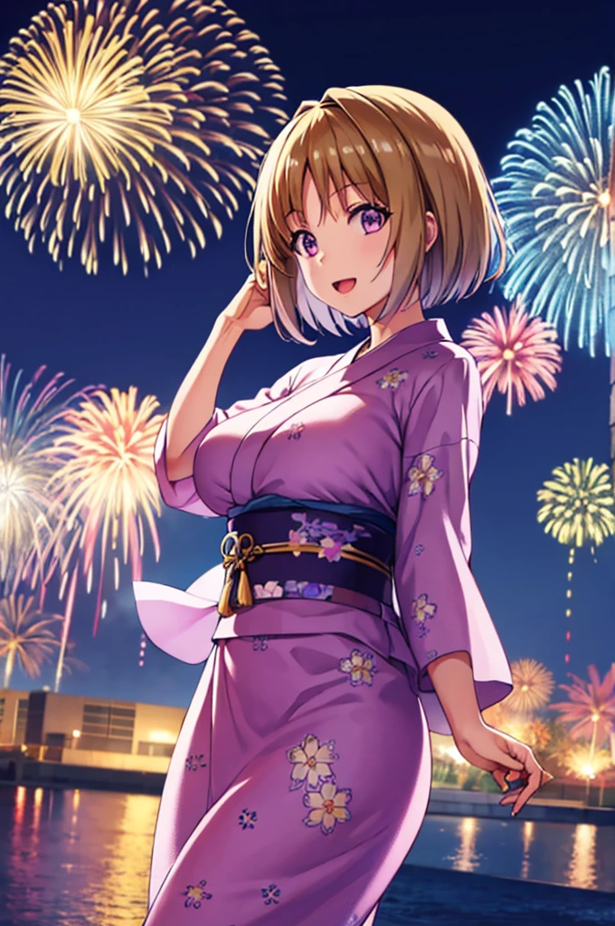 (masterpiece:1.3), (best quality:1.1), (8k, ultra detailed, ultra high res:1.3), ((anime style)), (perfect 5 fingers, perfect anatomy:1.1), 
1girl,
Kushida Kikyou, smile, open mouth, 
BREAK short hair, bronze hair, purple eyes, yukata, 
BREAK large breasts, looking at viewer, (cowboy shot:1.1), BREAK detail background, outdoor, outside, (floral pattern yukata:1.1), (late night:1.2), sky, (fireworks in night sky:1.2), (night sky:1.1), big fireworks, 