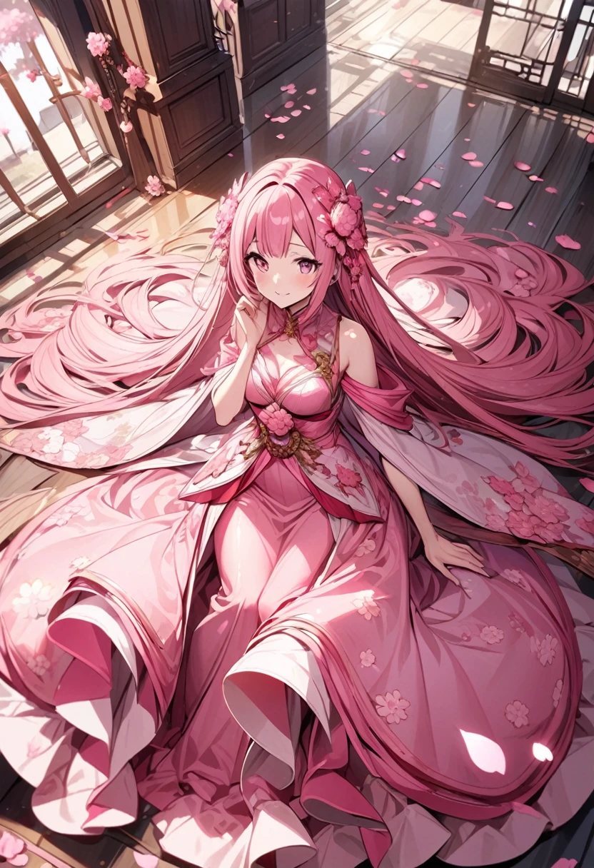 a extremely detailed long pink dress that looks like sakura flower petals for adults