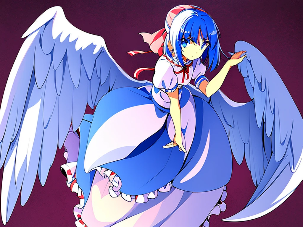masterpiece, best quality, 1girl, , , , medium blue hair, hair flaps, pink ribbon on head, well-formed face, blue eyes, angel girl, white blouse, puffy short sleeves, red ribbon, angel wings, long white skirt, red shoes, frills, ribbon head