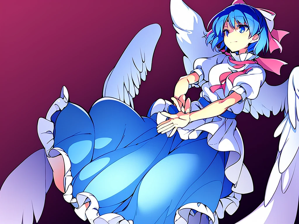 masterpiece, best quality, 1girl, , , 10 years old, medium blue hair, hair flaps, pink ribbon on head, well-formed face, blue eyes, angel girl, white blouse, puffy short sleeves, red ribbon, angel wings, long white skirt, red shoes, frills, ribbon head