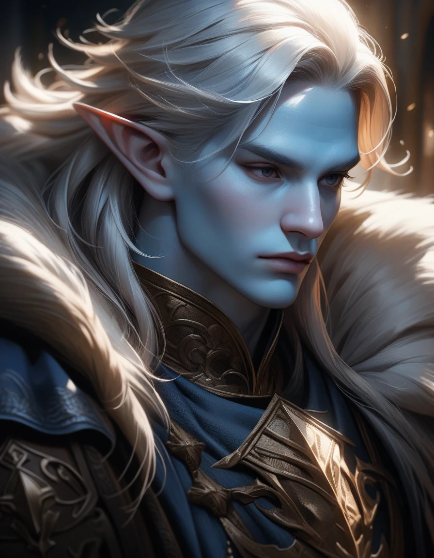a majestic male elf with long white hair, blue skin, wearing ornate medieval duke attire, fantasy portrait, highly detailed, intricate details, sharp focus, photorealistic, 8K, masterpiece, dramatic lighting, cinematic, epic, fantasy art