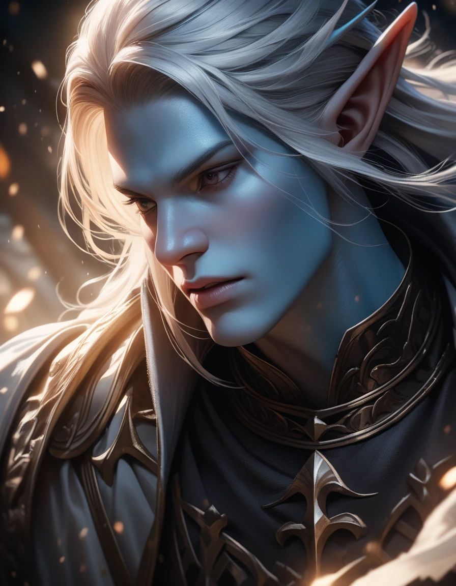 a majestic male elf with long white hair, blue skin, wearing ornate medieval duke attire, fantasy portrait, highly detailed, intricate details, sharp focus, photorealistic, 8K, masterpiece, dramatic lighting, cinematic, epic, fantasy art
