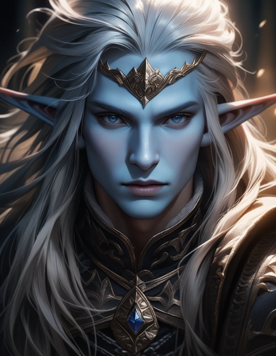a majestic male elf with long white hair, blue skin, wearing ornate medieval duke attire, fantasy portrait, highly detailed, intricate details, sharp focus, photorealistic, 8K, masterpiece, dramatic lighting, cinematic, epic, fantasy art