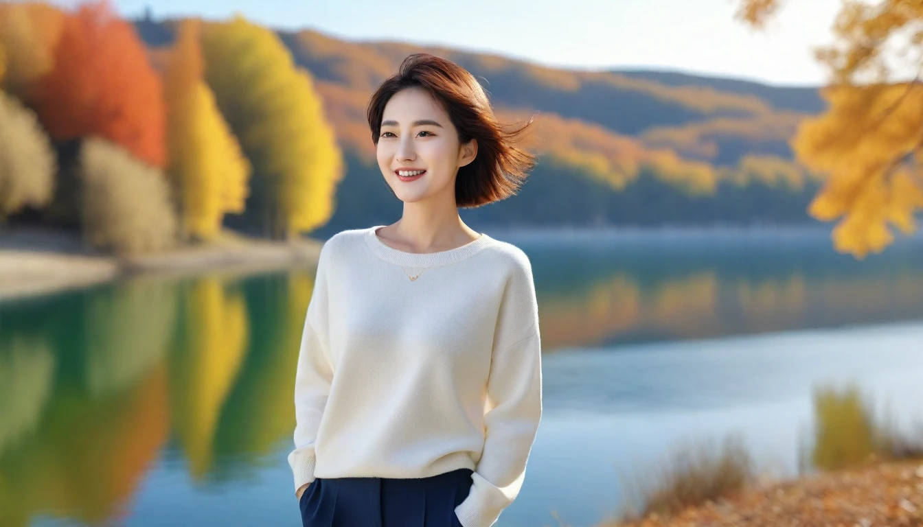 8k best picture quality, Beautiful 36-year-old Korean woman, Chest size 34 inches, Autumn scenery of Lake Hlcevice, Croatia,lake view, Back background realistic and vivid image quality, Short and medium hair blowing in the wind, Wearing high-end luxury brand casual jumpers and pants, smile slightly. The background is clear