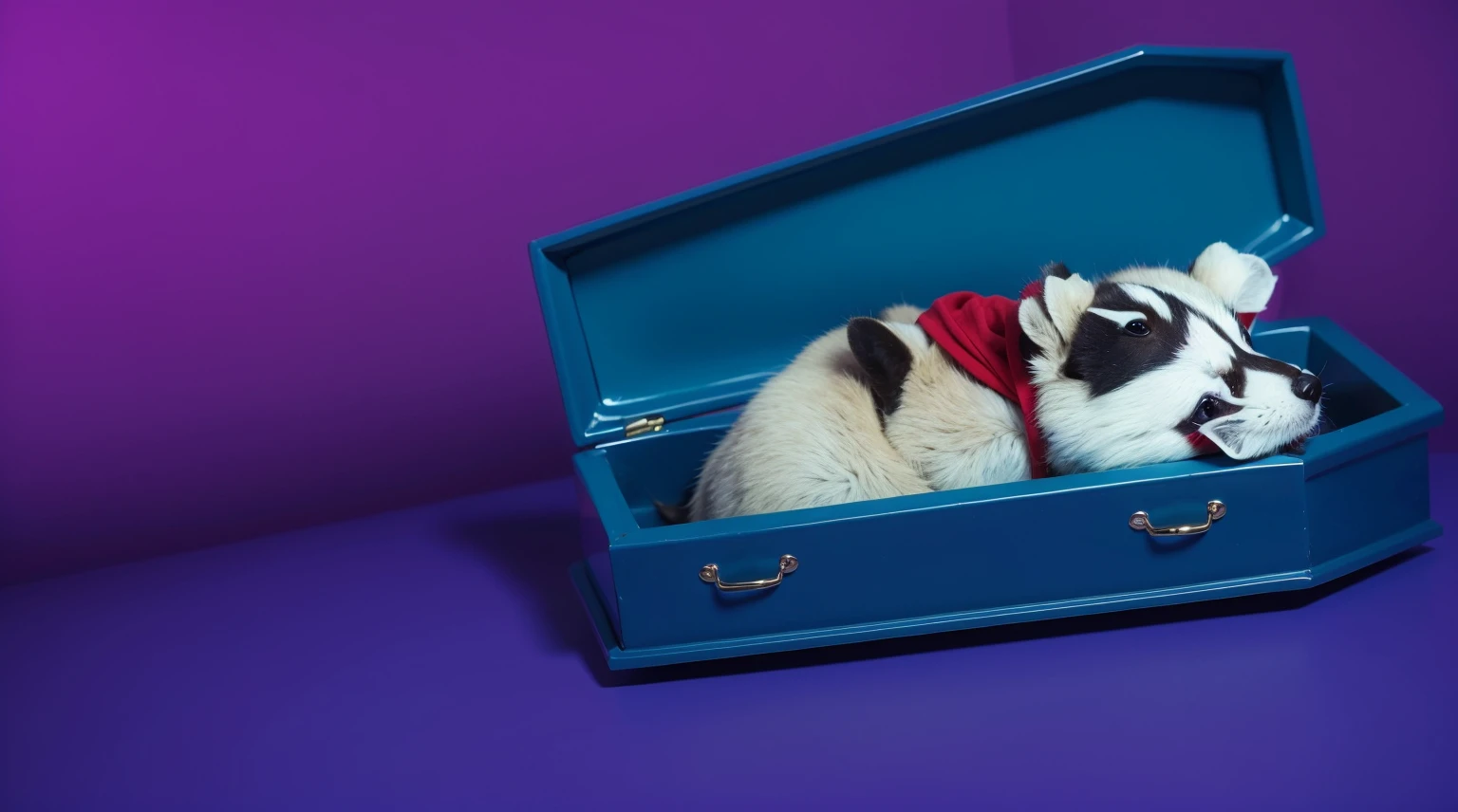 room This image features a cartoonish raccoon character lying in a blue coffin. The raccoon is dressed in room a purple room outfit with a red scarf and has a black mask painted on its face. The character appears to be peacefully resting with its eyes room closed. The scene is set against a gradient blue room background, which enhances the somber yet whimsical nature of the image. The bright colors of the raccoon's outfit and the coffin create a striking contrast, adding to the surreal and imaginative quality of the scene. room