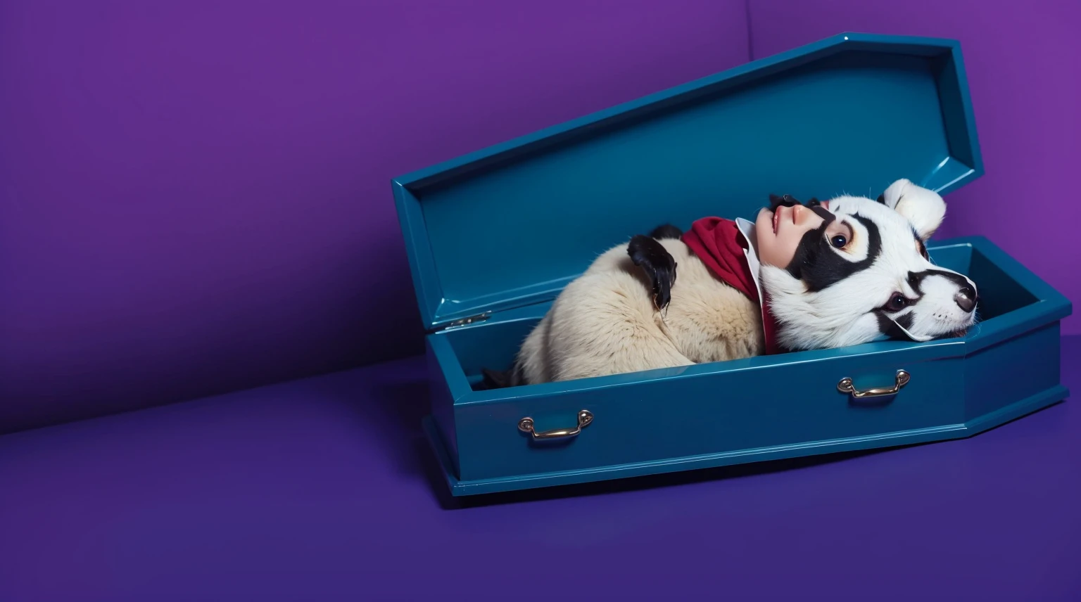 room This image features a cartoonish raccoon character lying in a blue coffin. The raccoon is dressed in room a purple room outfit with a red scarf and has a black mask painted on its face. The character appears to be peacefully resting with its eyes room closed. The scene is set against a gradient blue room background, which enhances the somber yet whimsical nature of the image. The bright colors of the raccoon's outfit and the coffin create a striking contrast, adding to the surreal and imaginative quality of the scene. room