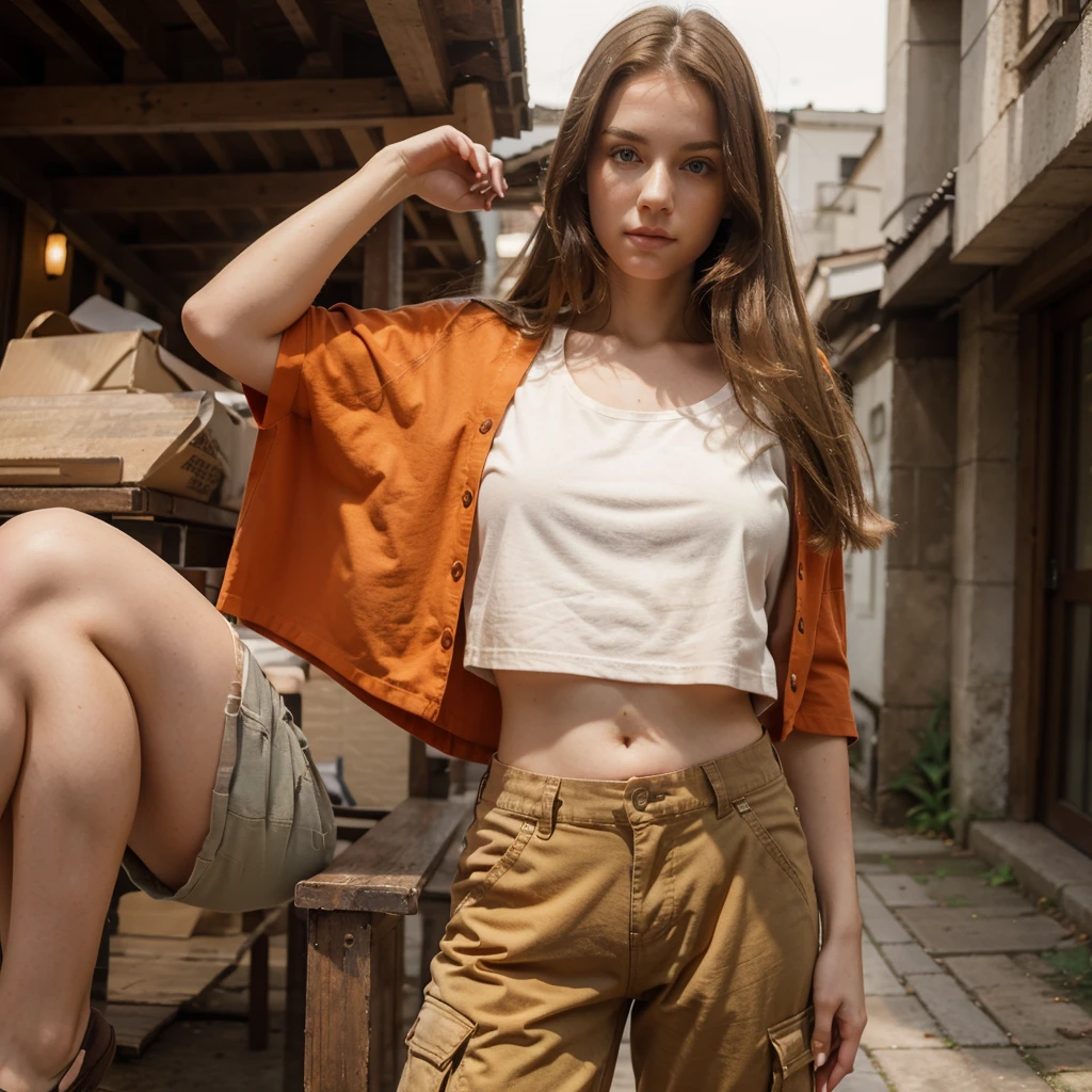 A beautiful young woman, in her late 20's, pale white skin, long light brown hair, orange eyes, wearing loose fitting brown cargo pants, wearing a red cropped t-shirt