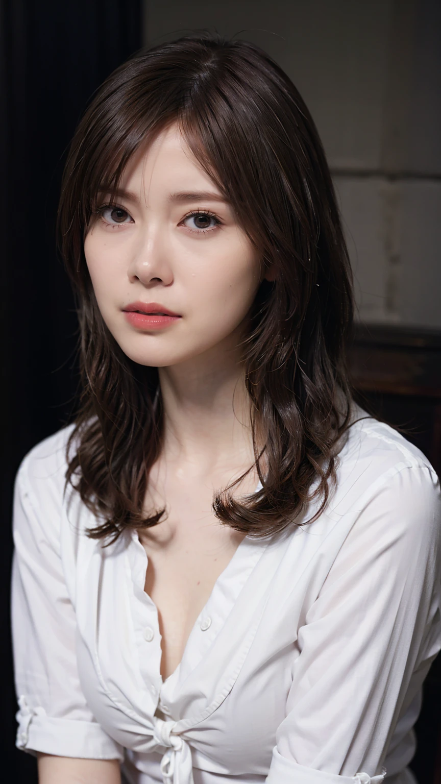 1girl, woman, masterpiece, best quality, highest quality, cinematic lighting, (volumetric lighting), extremely detailed CG unity 8k wallpaper, focused, 8k wallpaper, extremely detailed, ultra realistic, photorealistic, sharp focus, absurdres, (HDR:1.2), (high contrast), photograph, detailed and intricate, instagram, portrait, highly detailed, digital painting, artstation, concept art, smooth, sharp focus, illustration, cinematic lighting, (Natural big breast:1.2, skinny), (whole body:1.2), white collar shirt, open shirt, open the button, show thigh, ((looking at the viewer and lips biting))