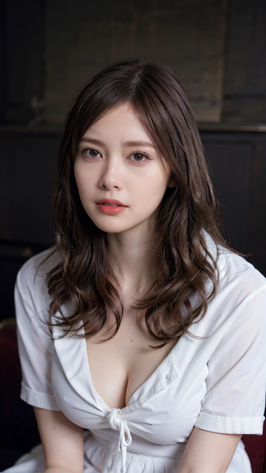 1girl, woman, masterpiece, best quality, highest quality, cinematic lighting, (volumetric lighting), extremely detailed CG unity 8k wallpaper, focused, 8k wallpaper, extremely detailed, ultra realistic, photorealistic, sharp focus, absurdres, (HDR:1.2), (high contrast), photograph, detailed and intricate, instagram, portrait, highly detailed, digital painting, artstation, concept art, smooth, sharp focus, illustration, cinematic lighting, (Natural big breast:1.2, skinny), (whole body:1.2), white collar shirt, open shirt, open the button, show thigh, ((looking at the viewer and lips biting))