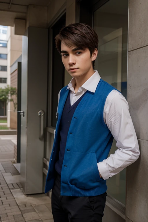 I am a student, male, short hair, normal build, wearing student uniform.