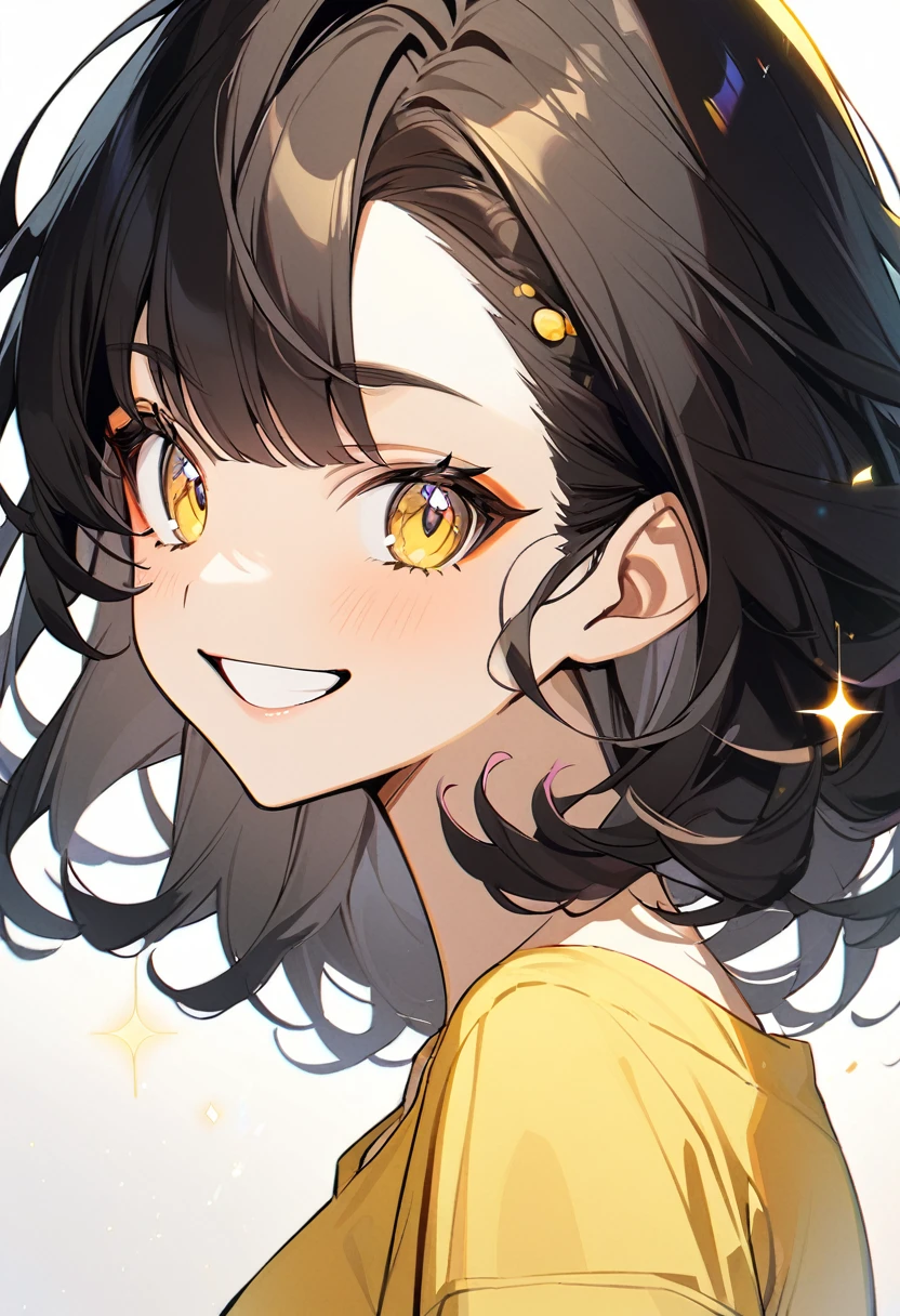 1girl, soght yellow eyeliner, look at viewer,from side,sparkling light yellow eyes,white background,((short perm black hair)),wink smile,yellow t-shirt,big Smile