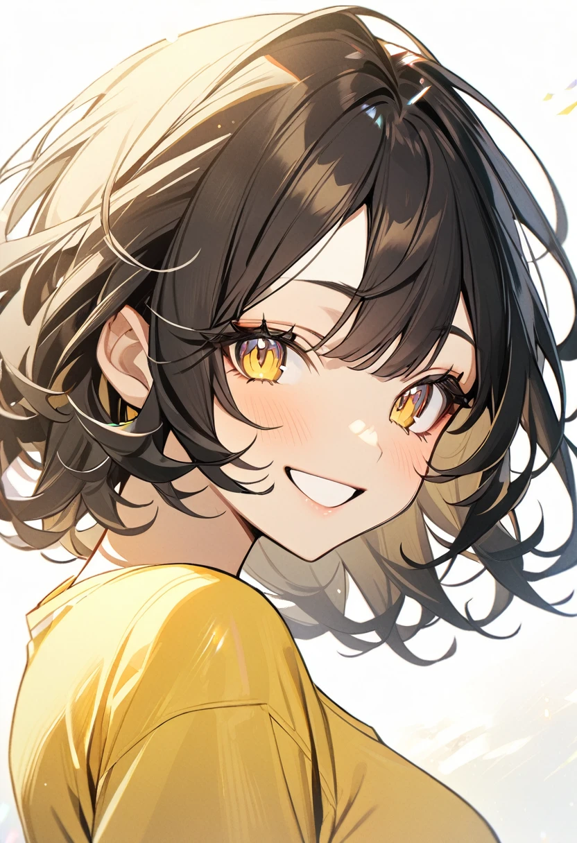1girl, soght yellow eyeliner, look at viewer,from side,sparkling light yellow eyes,white background,((short perm black hair)),wink smile,yellow t-shirt,big Smile