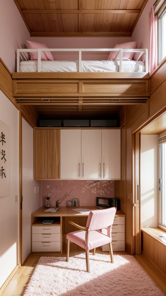Create the image of a room with Japanese but modern elements and sakura details on the wall. a closet, a bed, a study table with a computer, pink carpet, pink sheets, a large window, all made of wood and looking like a student dormitory, finally a table sits on the floor in the center. wooden walls.