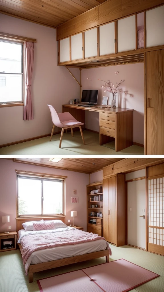 Create the image of a room with Japanese but modern elements and sakura details on the wall. a closet, a bed, a study table with a computer, pink carpet, pink sheets, a large window, all made of wood and looking like a student dormitory, finally a table sits on the floor in the center. wooden walls.