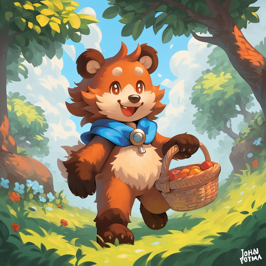 fluffy happy bear with a basket in johan potma art style