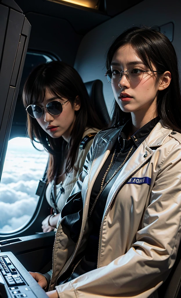 (Piece Fly), (Very detailed), (masterpiece), one example, (女飞行员在侦察机Inside the cockpit), （South Korean female pilot）（Delicate beautiful face）(airplane cockpit), (In flight), (10,000 feet above sea level)、(Sky Landscape)、(Above the clouds)、(Radar), (Practical), (Wearing aviators&#39;uniform), (Hold the joystick and control), (With communication intercom), Subtle and natural lighting effects, Optimize equipment details、(1 girl) , (Military pilots), ()、Inside the cockpit , (Patrol aircraft cockpit), Sitting in the cockpit looking forward, Operation joystick、 (Shiny Metal:1.1), Lots of buttons、dial、Surrounded by games, 8k wallpaper, advanced, (Sophisticated design),