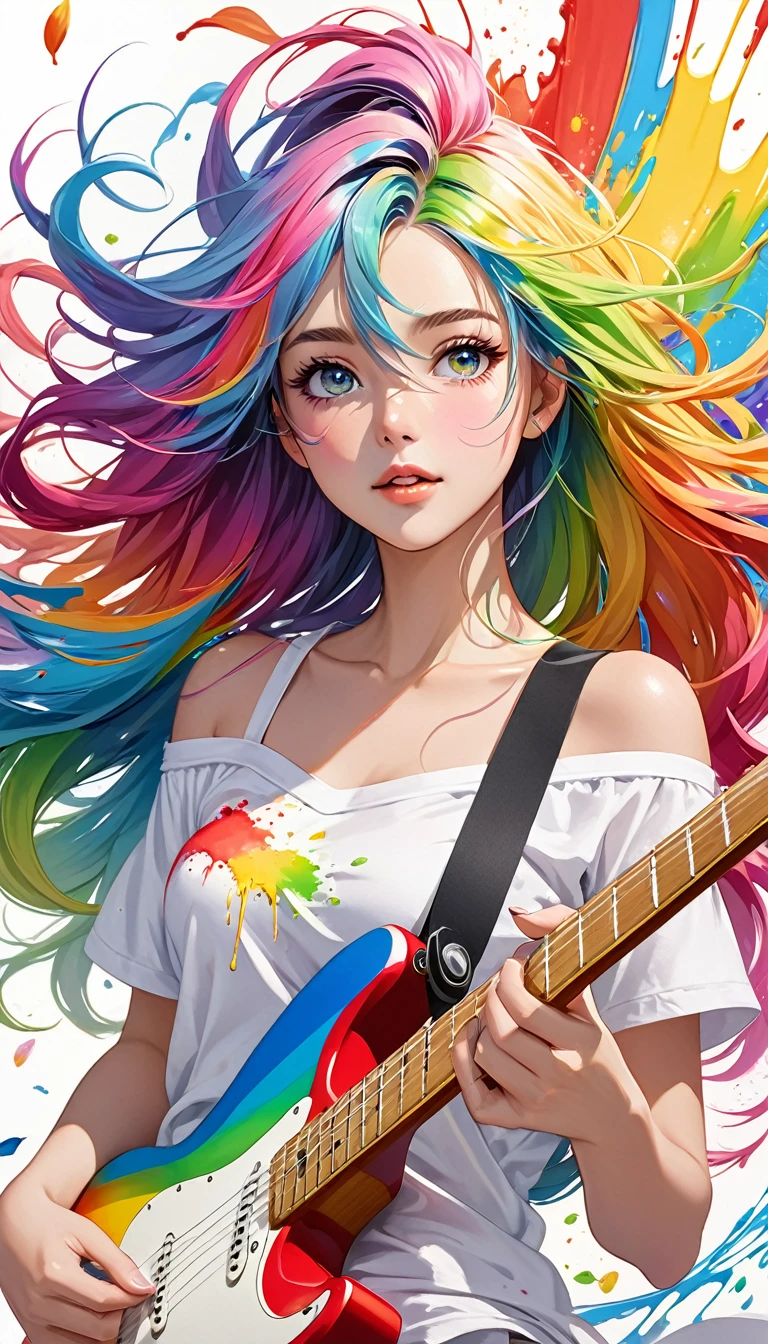 (Pink Fashion T-shirt:1.9),(((playguitar: 2.0)))), (Colorful hair: 1.8), (all the colours of the rainbow: 1.8),(((((vertical painting:1.6))), (painting:1.6),front, comics, illustrations, paintings, large eyes, crystal clear eyes,( rainbow color gradient high ponytail:1.7), exquisite makeup, closed mouth,(Small Fresh: 1.5),(Wipe Chest: 1.6) ,long eyelashes, white off shoulder T-shirt, White Shoulder Shirt,looking at the audience, large watery eyes, (rainbow colored hair:1.6), color splash, (solo:1.8), color splash, color explosion, thick paint style, messy lines, ((shining)),(colorful), (colorful), (colorful), colorful, Thick Paint Style, (Splash) (Color Splash), Vertical Painting, Upper Body, Paint Splash, Acrylic Pigment, Gradient, Paint, Highest Image Quality, Highest Quality, Masterpiece, Solo, Depth of Field, Face Paint, colorful clothes, (Elegant: 1.2), gorgeous,long hair, wind, (Elegant: 1.3), (Petals: 1.4),(((masterpiece))),(((best quality))),((ultra-detailed)),(illustration),(dynamic angle),((floating)),(paint),((disheveled hair)),(solo),(1girl) , (((detailed anima face))),((beautiful detailed face)),collar,bare shoulders,white hair, ((colorful hair)),((streaked hair)),beautiful detailed eyes,(Gradient color eyes),(((colorful eyes))),(((colorful background))),(((high saturation))),(((surrounded by colorful splashes))),