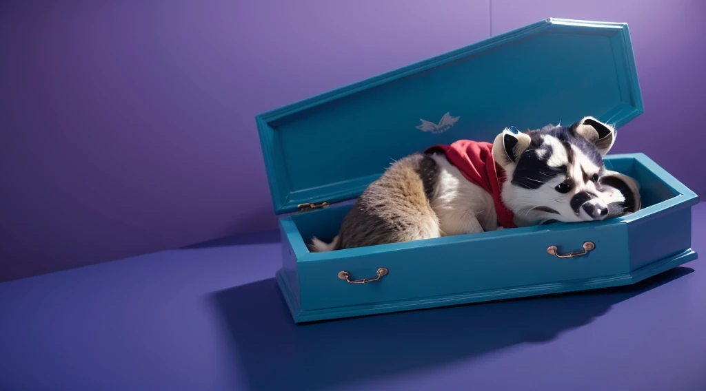 room This image features a cartoonish raccoon character lying in a blue coffin. The raccoon is dressed in room a purple room outfit with a red scarf and has a black mask painted on its face. The character appears to be peacefully resting with its eyes room closed. The scene is set against a gradient blue room background, which enhances the somber yet whimsical nature of the image. The bright colors of the raccoon's outfit and the coffin create a striking contrast, adding to the surreal and imaginative quality of the scene. room