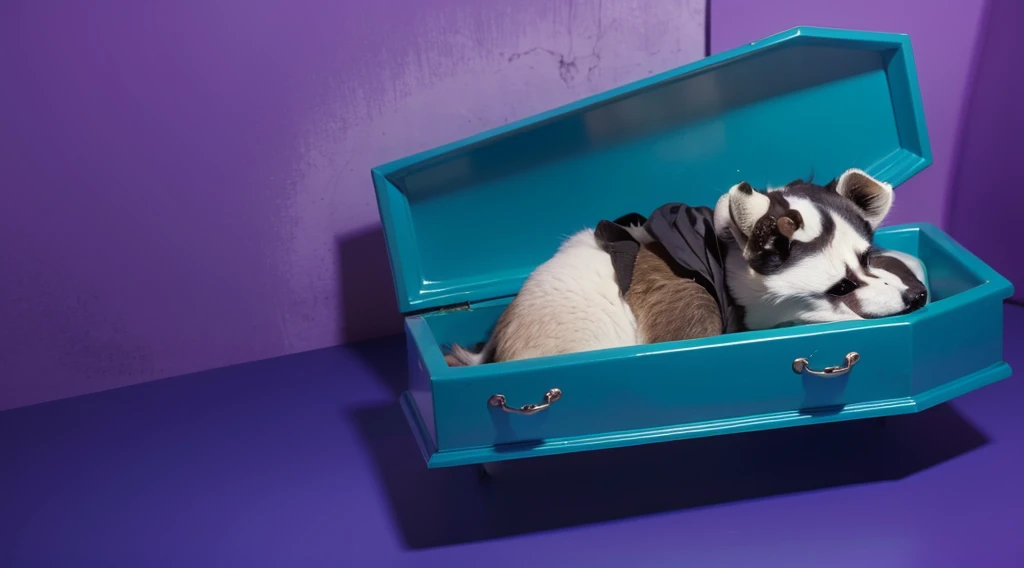room This image features a cartoonish raccoon character lying in a blue coffin. The raccoon is dressed in room a purple room outfit with a red scarf and has a black mask painted on its face. The character appears to be peacefully resting with its eyes room closed. The scene is set against a gradient blue room background, which enhances the somber yet whimsical nature of the image. The bright colors of the raccoon's outfit and the coffin create a striking contrast, adding to the surreal and imaginative quality of the scene. room