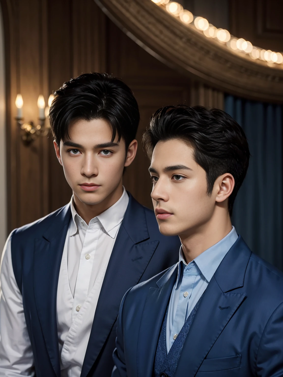 ((masterpiece)),((best quality)),8K,high detail,Very detailed, Very manly,3 men, like,fashion pose, Realistic skin texture, Light,
Royal blue style couple