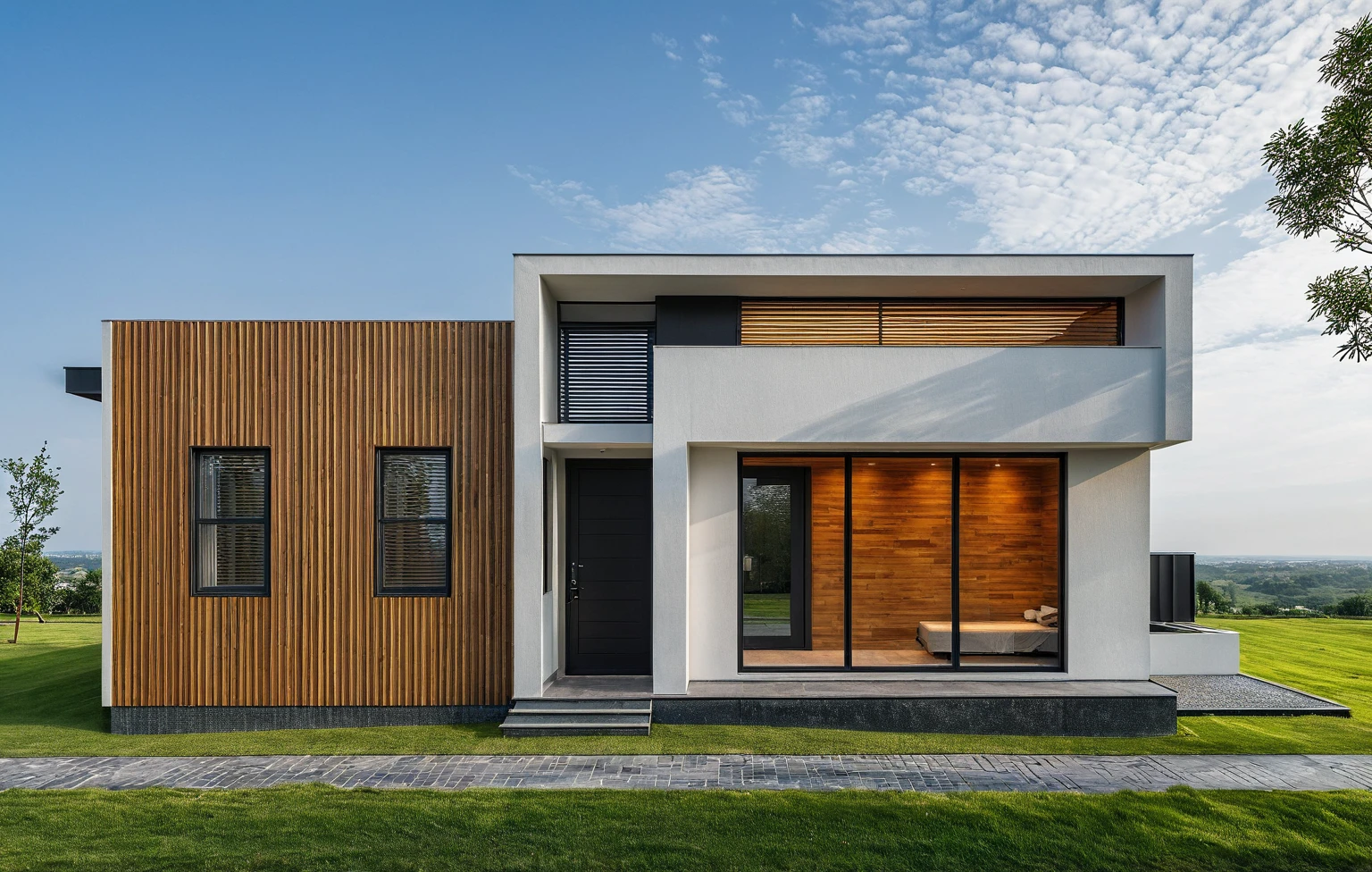 Masterpiece, wooden ceiling, white louvers on the wall left side of the house, wood ceiling, dark granite front steps, high quality, best quality, authentic, super detail, outdoors, onestoreyvillaXL, aiaigroup, house style modern, white wall ,pavement, grass, trees, dusk sky, cloud, (daylight:1.1)
