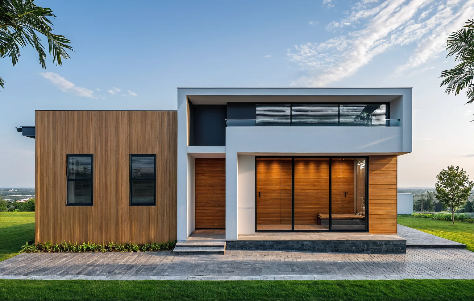 Masterpiece, wooden ceiling, white louvers on the wall left side of the house, wood ceiling, dark granite front steps, high quality, best quality, authentic, super detail, outdoors, onestoreyvillaXL, aiaigroup, house style modern, white wall ,pavement, grass, trees, dusk sky, cloud, (daylight:1.1)
