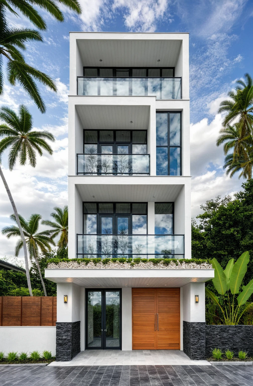 house exterior, modern style, white wall, dark granite wall, white ceiling, glass door, glass window, (actual: 1.2), Masterpiece, high quality, best quality, authentic , super detailed, outdoor, road, sidewalk, grass, trees, sky, clouds , (daylight:1.1)