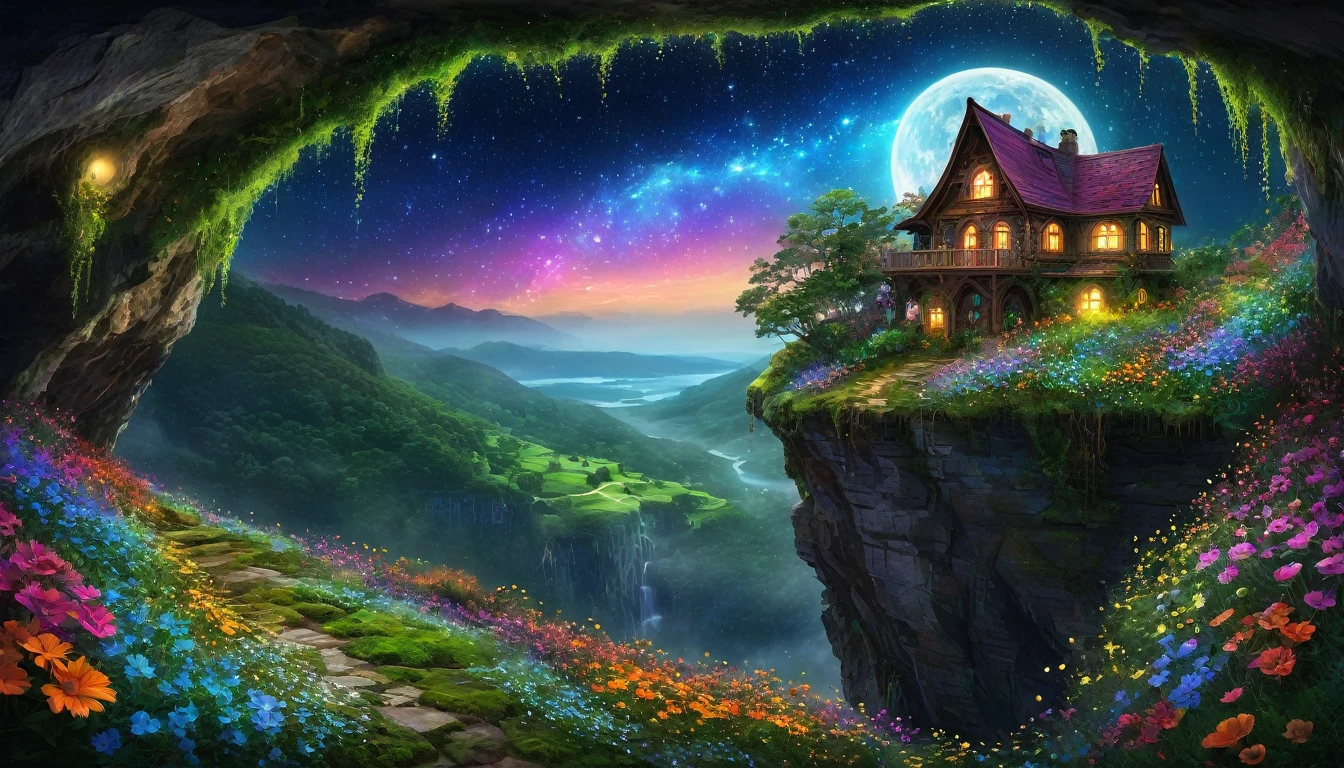 Windswept Valley、Fantasy art of a house carved into a cliff、On the cliff、Many kinds of colorful flowers and moss、Digital art with vines growing　Below me、Dense forest landscape　A fantastic digital art in which flowers shine under the starry night sky and magical powers