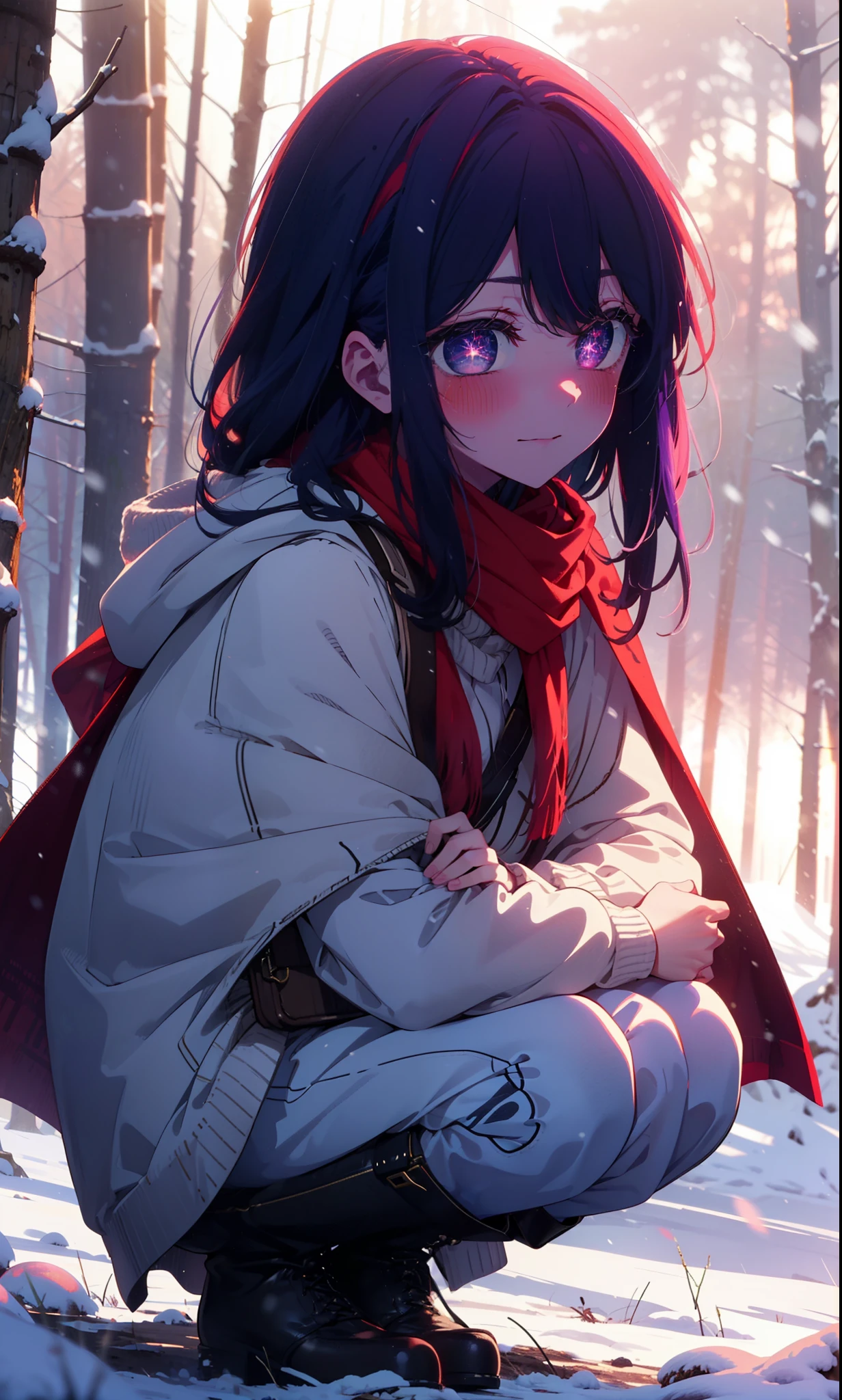 aihoshino, Ai Hoshino, Long Hair, bangs, (Purple eyes:1.1), Purple Hair, (Symbol-shaped pupil:1.5), smile,,smile,blush,White Breath,
Open your mouth,snow,Ground bonfire, Outdoor, boots, snowing, From the side, wood, suitcase, Cape, Blurred, , forest, White handbag, nature,  Squat, Mouth closed, Cape, winter, Written boundary depth, Black shoes, red Cape break looking at viewer, Upper Body, whole body, break Outdoor, forest, nature, break (masterpiece:1.2), Highest quality, High resolution, unity 8k wallpaper, (shape:0.8), (Beautiful and beautiful eyes:1.6), Highly detailed face, Perfect lighting, Extremely detailed CG, (Perfect hands, Perfect Anatomy),