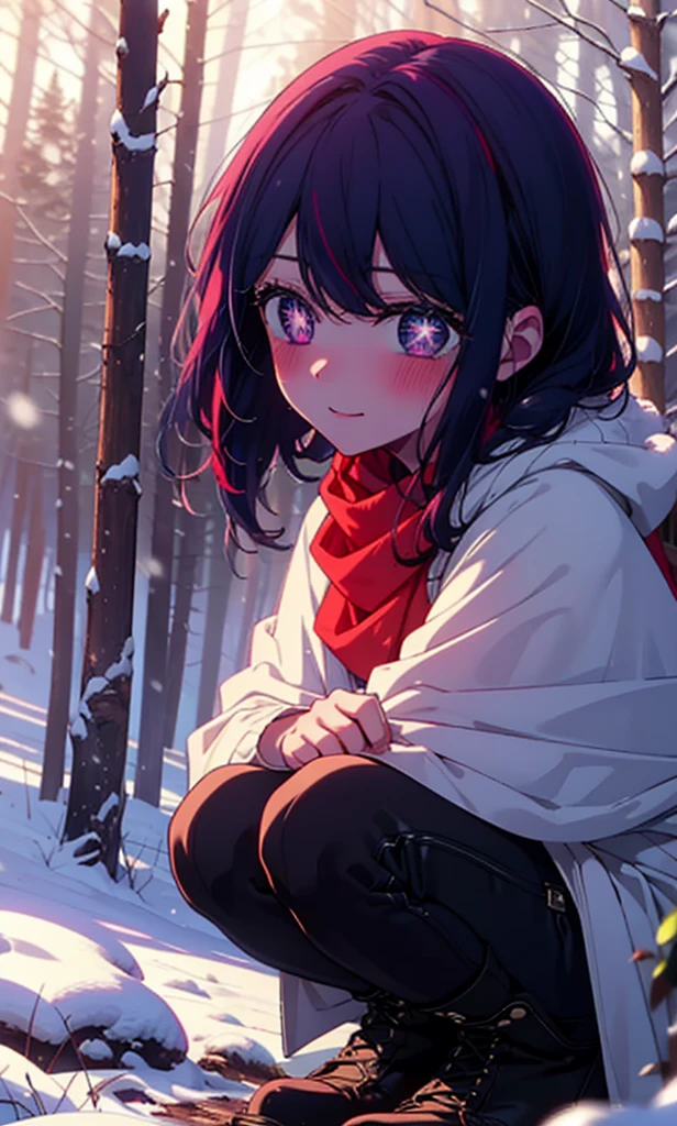 aihoshino, Ai Hoshino, Long Hair, bangs, (Purple eyes:1.1), Purple Hair, (Symbol-shaped pupil:1.5), smile,,smile,blush,White Breath,
Open your mouth,snow,Ground bonfire, Outdoor, boots, snowing, From the side, wood, suitcase, Cape, Blurred, , forest, White handbag, nature, Squat, Mouth closed, Cape, winter, Written boundary depth, Black shoes, red Cape break looking at viewer, Upper Body, whole body, break Outdoor, forest, nature, break (masterpiece:1.2), Highest quality, High resolution, unity 8k wallpaper, (shape:0.8), (Beautiful and beautiful eyes:1.6), Highly detailed face, Perfect lighting, Extremely detailed CG, (Perfect hands, Perfect Anatomy),