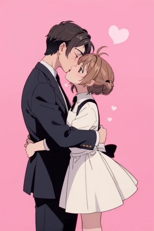 アニメ,cute, Couple,Kissing in a big park,One of them is a 10-year-old magical girl wearing an apron dress..、The other is a 25-year-old man wearing a black suit...,Short chestnut bob hair,The magical girl is wearing a frilly apron dress.,Wear a petticoat,Wear knee-high socks,The man is wearing a black tie,Men are 25cm taller、The man tilted his head.、The woman reaches out to kiss him,Beautiful background,High resolution backgrounds,A man is hugging a magical girl,The man has shaggy, curly black hair.