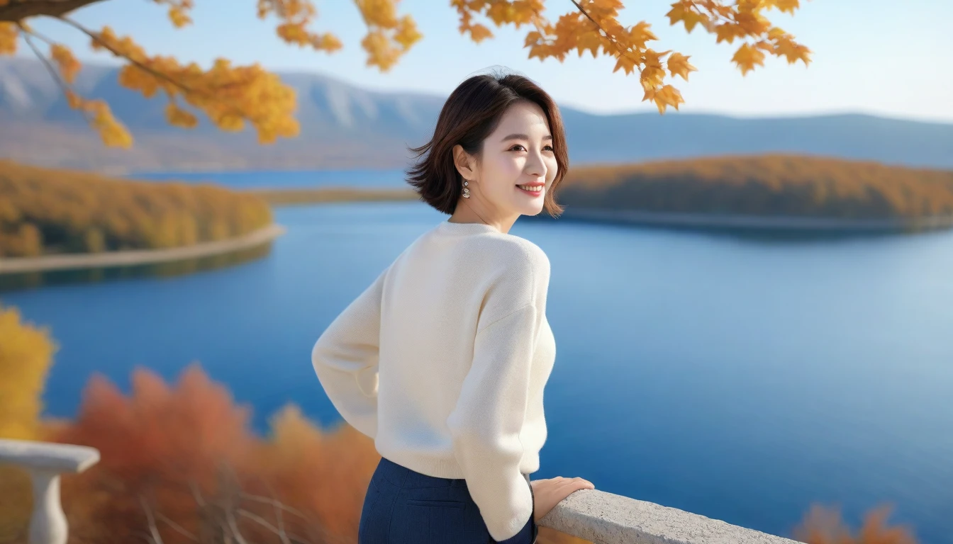 8k best picture quality, Beautiful 36-year-old Korean woman, Chest size 34 inches, Autumn scenery of Lake Hlcevice, Croatia,lake view, Back background realistic and vivid image quality, Short and medium hair blowing in the wind, Wearing high-end luxury brand casual jumpers and pants, smile slightly. The background is clear