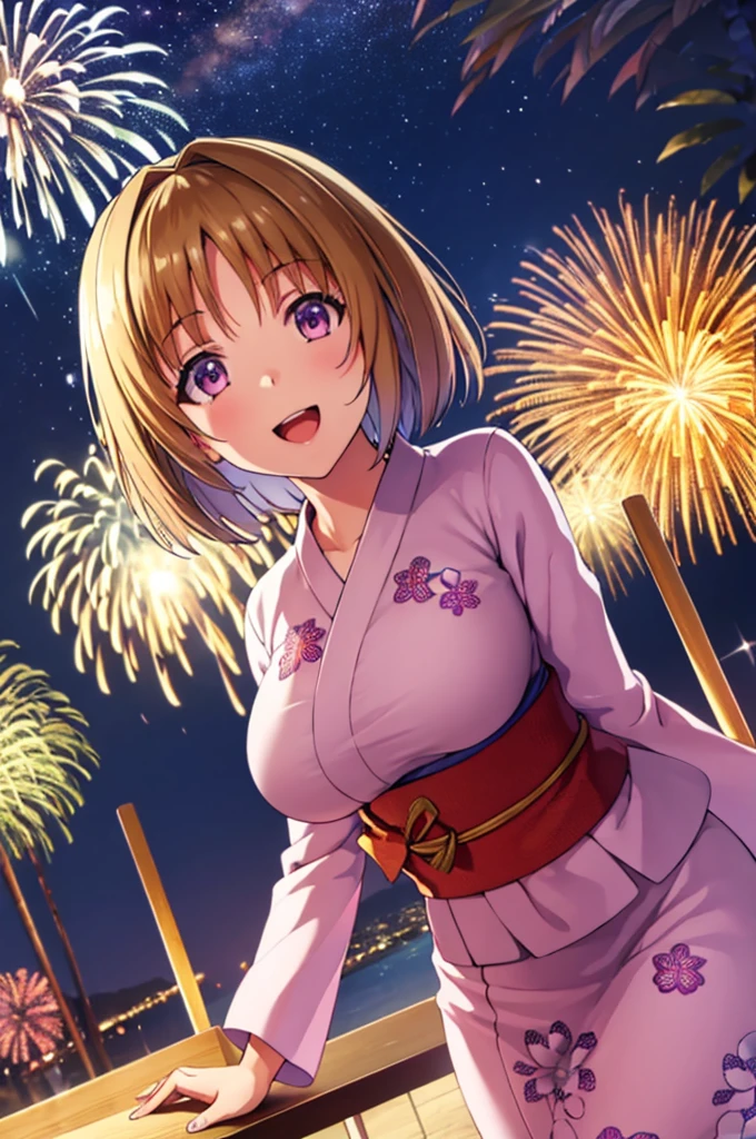 (masterpiece:1.3), (best quality:1.1), (8k, ultra detailed, ultra high res:1.3), ((anime style)), (perfect 5 fingers, perfect anatomy:1.1), 
1girl,
Kushida Kikyou, smile, open mouth, 
BREAK short hair, bronze hair, purple eyes, yukata, 
BREAK large breasts, looking at viewer, (cowboy shot:1.1), BREAK detail background, outdoor, outside, (floral pattern yukata:1.1), (late night:1.2), sky, (fireworks in night sky:1.2), (night sky:1.1), big fireworks, 