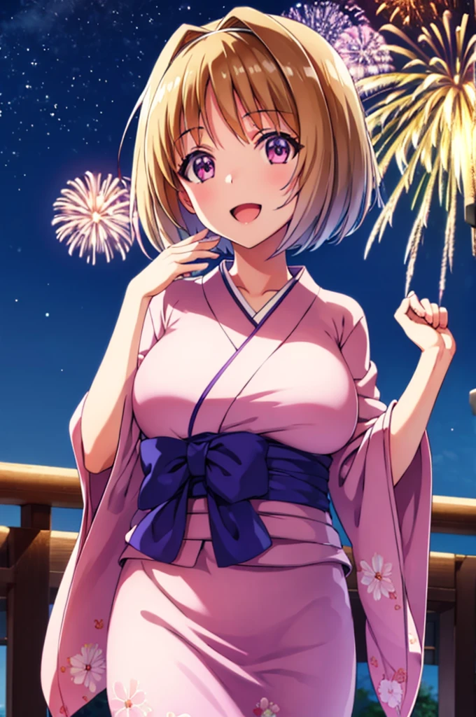 (masterpiece:1.3), (best quality:1.1), (8k, ultra detailed, ultra high res:1.3), ((anime style)), (perfect 5 fingers, perfect anatomy:1.1), 
1girl,
Kushida Kikyou, smile, open mouth, 
BREAK short hair, bronze hair, purple eyes, yukata, 
BREAK large breasts, looking at viewer, (cowboy shot:1.1), BREAK detail background, outdoor, outside, (floral pattern yukata:1.1), (late night:1.2), sky, (fireworks in night sky:1.2), (night sky:1.1), big fireworks, 