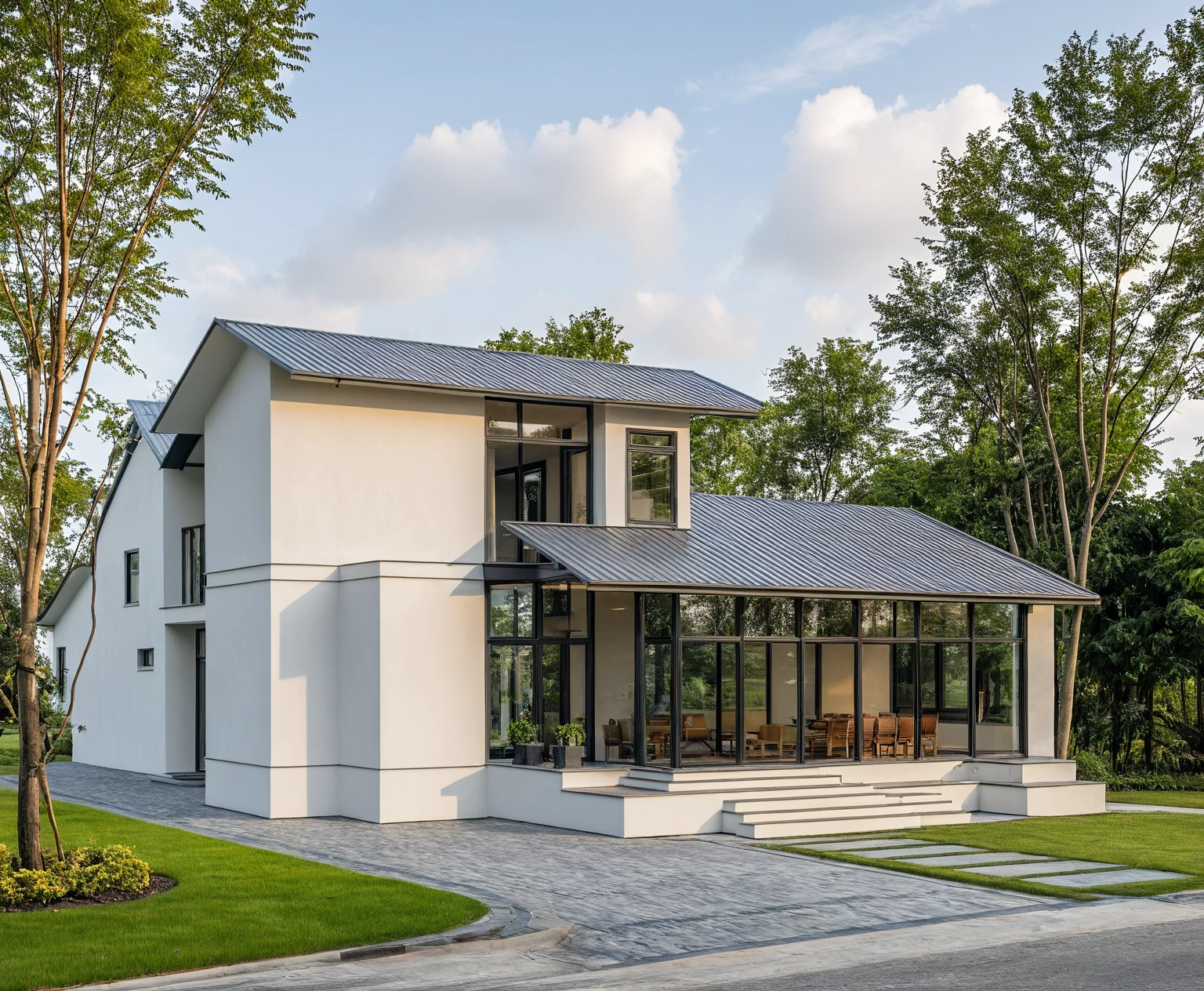 Masterpiece, high quality, best quality, authentic, super detail, outdoors, onestoreyvillaXL, aiaigroup, house style modern on the street ,stairs, white wall ,road,pavement, grass, trees, sky, cloud, (daylight:1.1)