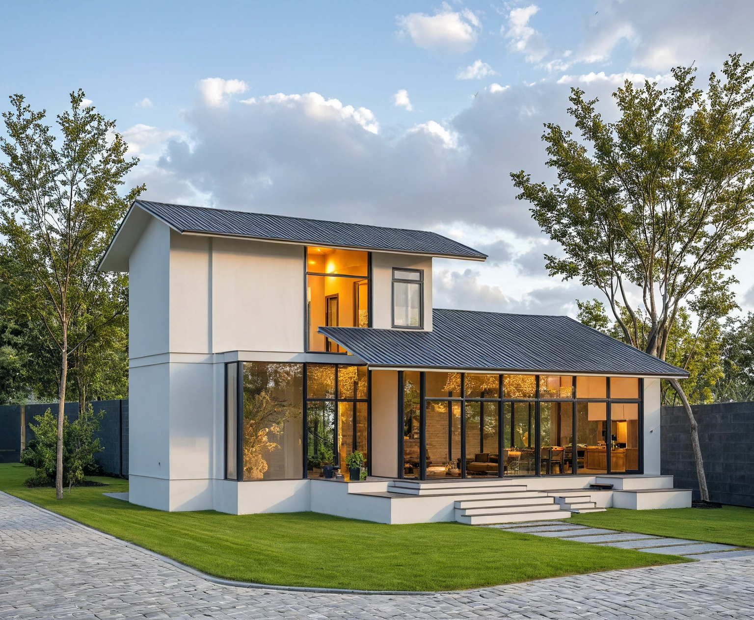 Masterpiece, high quality, best quality, authentic, super detail, outdoors, onestoreyvillaXL, aiaigroup, house style modern on the street ,stairs, white wall ,road,pavement, grass, trees, sky, cloud, (daylight:1.1)