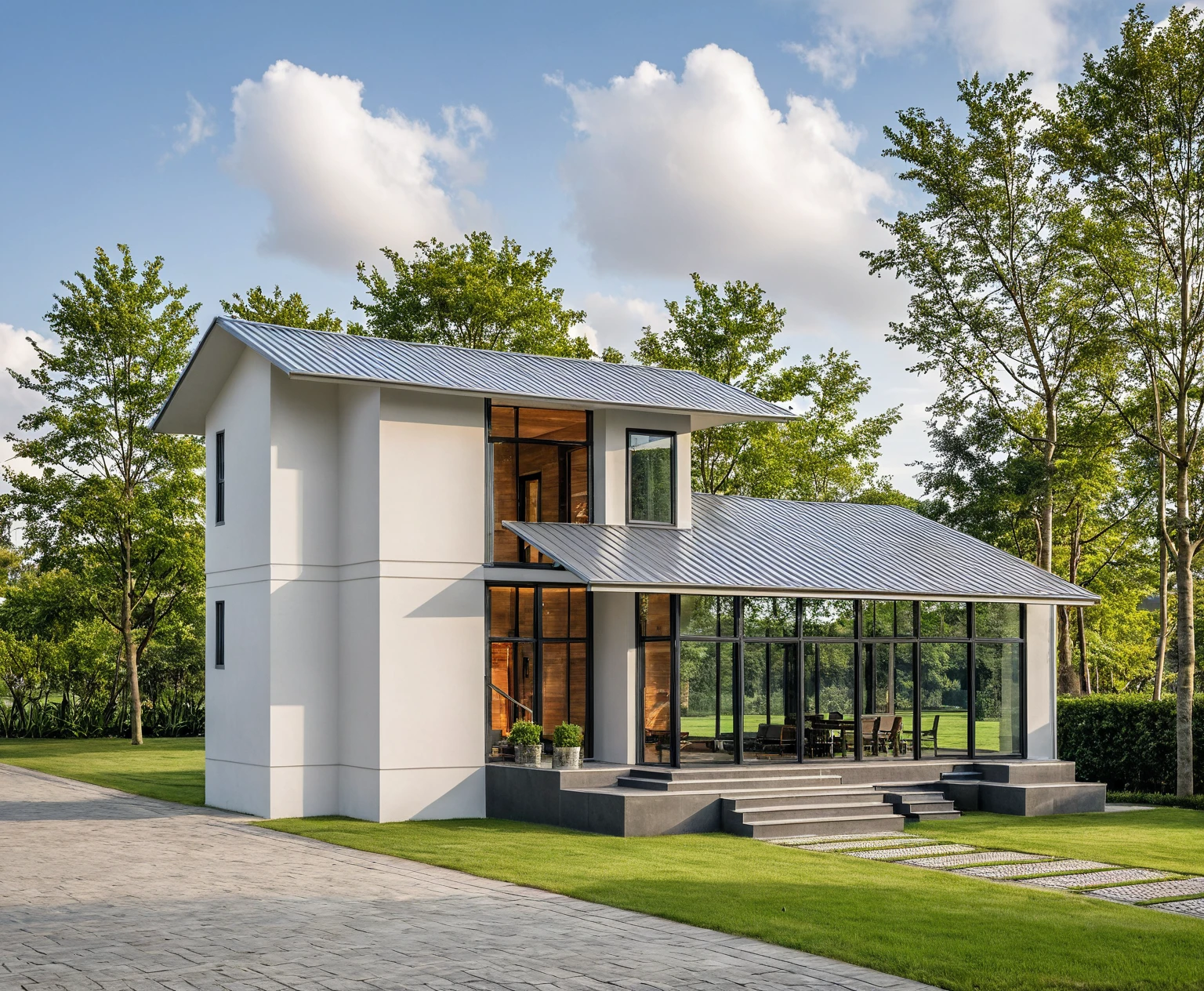 Masterpiece, high quality, best quality, authentic, super detail, outdoors, onestoreyvillaXL, aiaigroup, house style modern on the street ,stairs, white wall ,road,pavement, grass, trees, sky, cloud, (daylight:1.1)