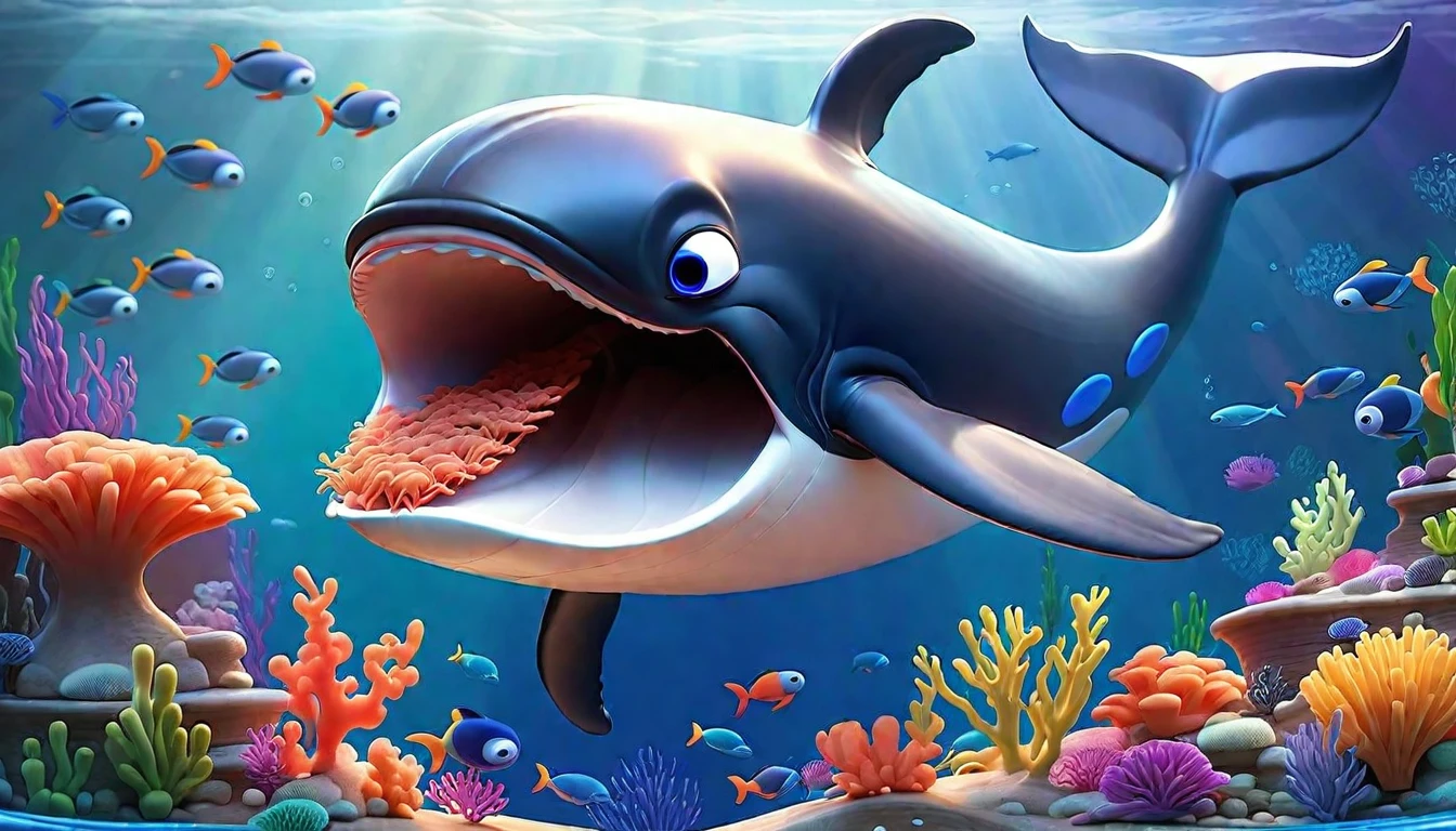 Create a 3-D Pixar style art scene for kids featuring a whale eating krill with lots of tiny shrimp-like creatures around it. The scene should be colorful and vibrant, with an ocean background, coral reefs, and schools of fish. The overall mood should be engaging and inviting for young children.