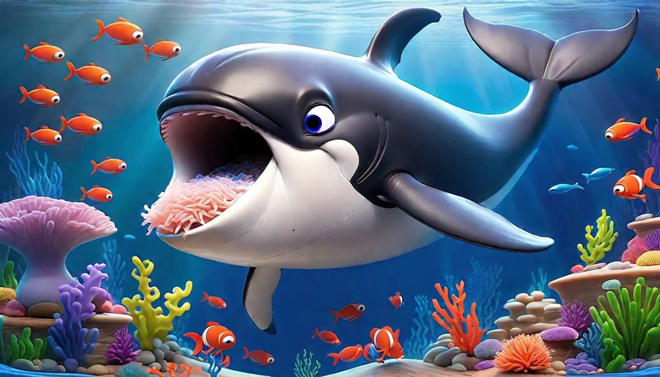 Create a 3-D Pixar style art scene for kids featuring a whale eating krill with lots of tiny shrimp-like creatures around it. The scene should be colorful and vibrant, with an ocean background, coral reefs, and schools of fish. The overall mood should be engaging and inviting for young children.