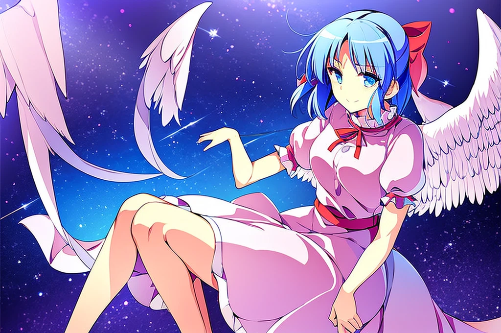 masterpiece, best quality, 1girl, , , 10 years old, medium blue hair, hair flaps, pink ribbon on head, well-formed face, blue eyes, angel girl, white blouse, puffy short sleeves, red ribbon, angel wings, long white skirt, red shoes, frills, ribbon head