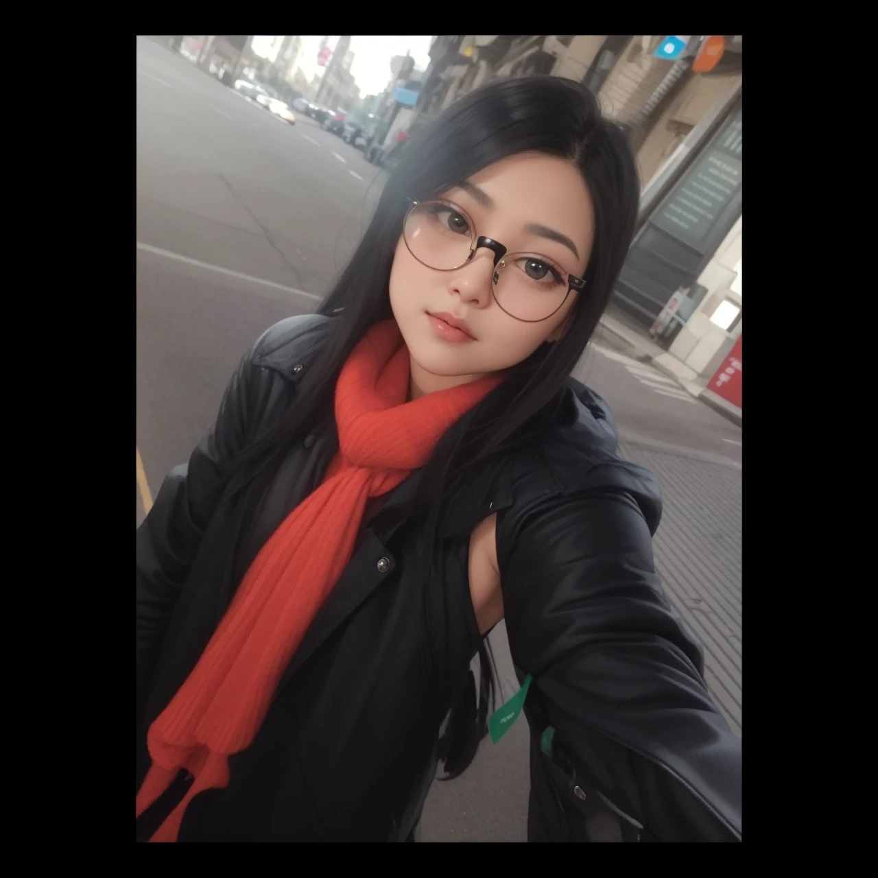 A woman with a round face, long black hair, side hairstyle medium nose, medium lips, large eyes with medium square lenses, black jacket with lead luck, Brown eyes