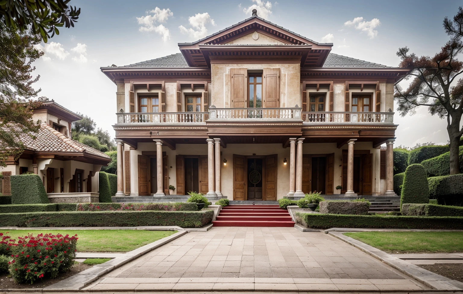 PLATEFORME KTHOUSE, Beaucoup de belles fleurs rouges le long de la route:1.3, Romantique, 1 maison de style néoclassique, La maison de ville est faite de murs blancs, Belle lumière, journée de beauté, ensoleillé, Beaucoup de bougainvilliers rouges le long de la route:1.3, belle sensation de jeunesse :1.2, soleil à midi, Très belles ombres,