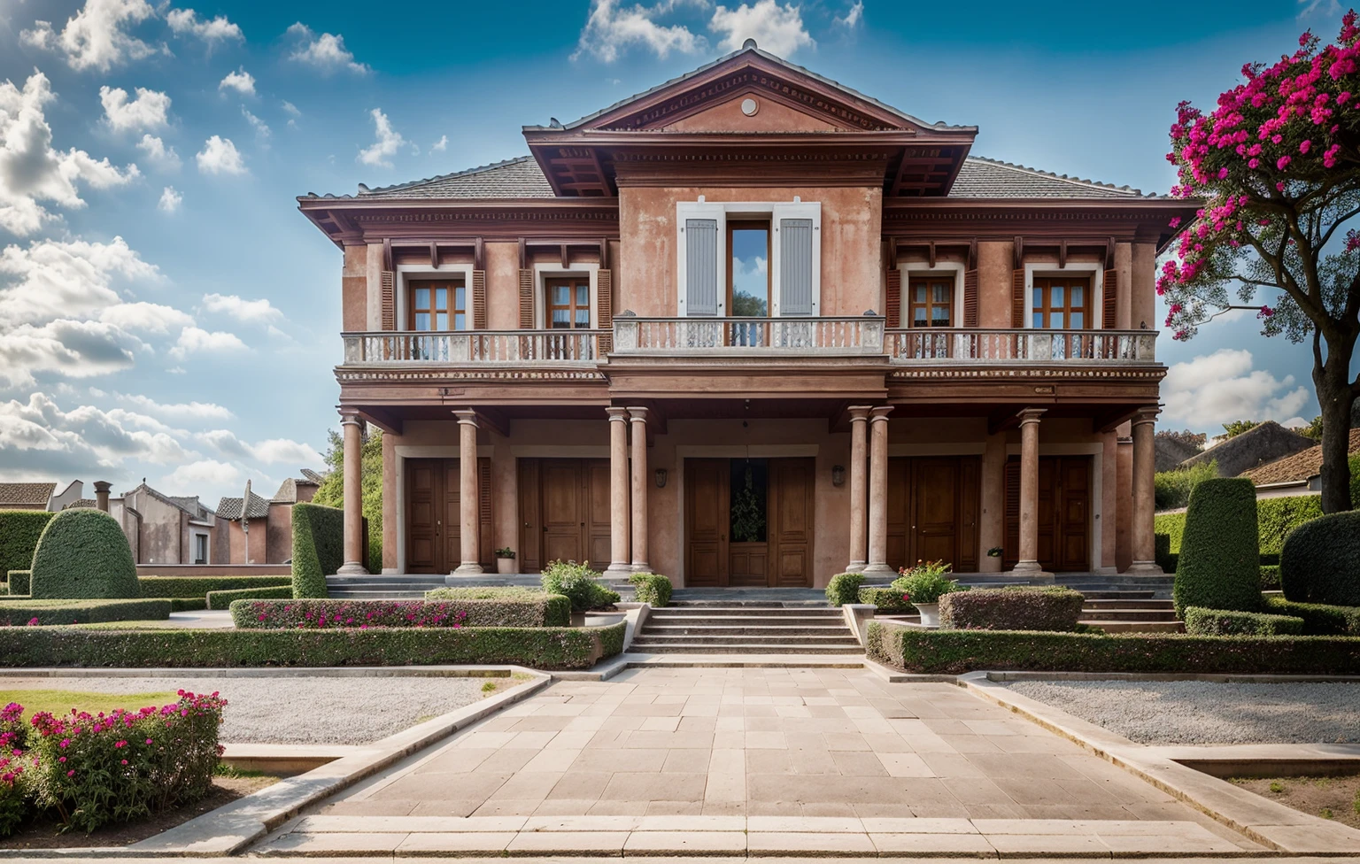 PLATEFORME KTHOUSE, Beaucoup de belles fleurs rouges le long de la route:1.3, Romantique, 1 maison de style néoclassique, La maison de ville est faite de murs blancs, Belle lumière, journée de beauté, ensoleillé, Beaucoup de bougainvilliers rouges le long de la route:1.3, belle sensation de jeunesse :1.2, soleil à midi, Très belles ombres, 